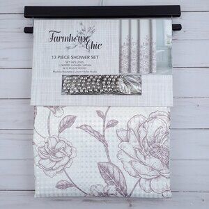 Farmhouse Chic Fabric Shower Curtain With Hooks Pink Floral